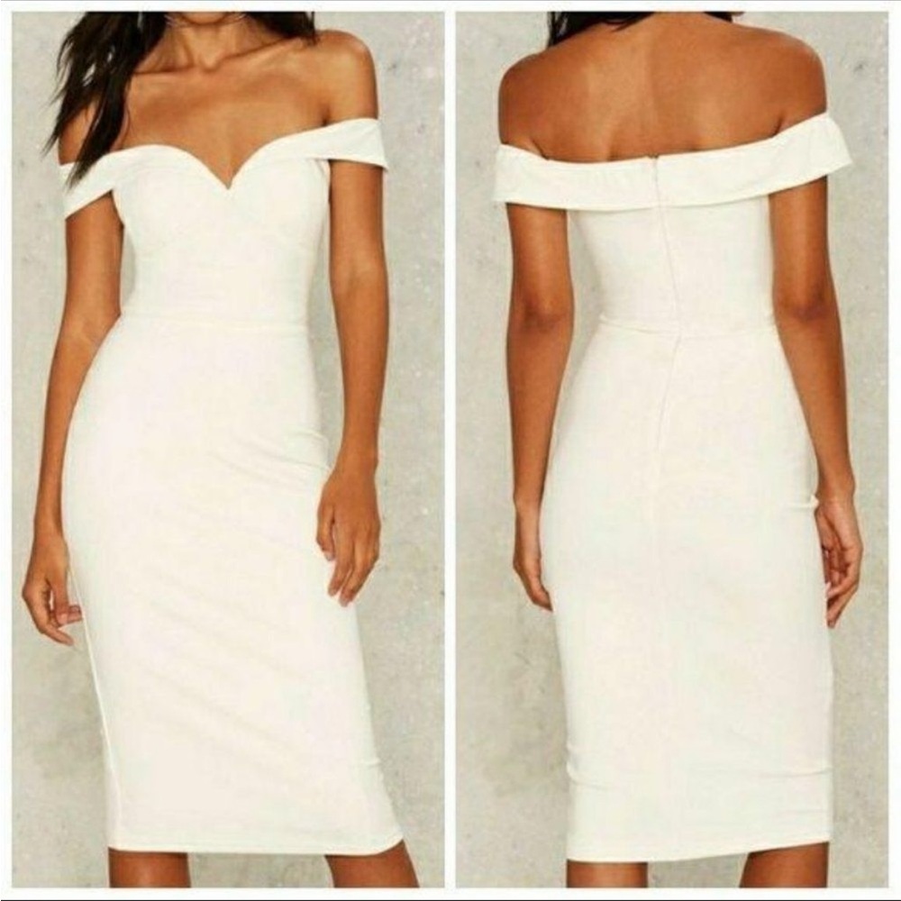 NWT Rare London Off Shoulder White MIDI Bodycon Dress, Size S Small, US 4